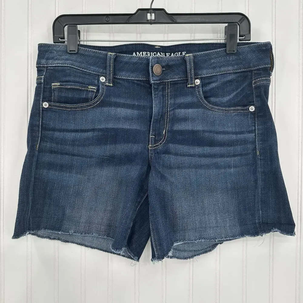 American Eagle Shorts Womens 12 Midi Blue Jean Denim Super Stretch Cut Off Fray